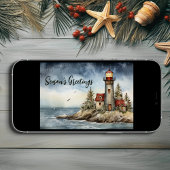 Mooie Winter Vuurtoren Scène Vrolijke Kerstmis Feestdagen Kaart