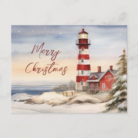 Mooie Winter Vuurtoren Scène Vrolijke Kerstmis Feestdagenkaart (Voorkant)