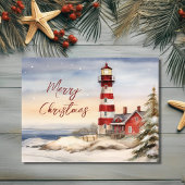 Mooie Winter Vuurtoren Scène Vrolijke Kerstmis Feestdagenkaart