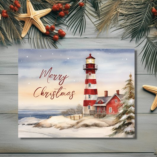 Mooie Winter Vuurtoren Scène Vrolijke Kerstmis Feestdagenkaart