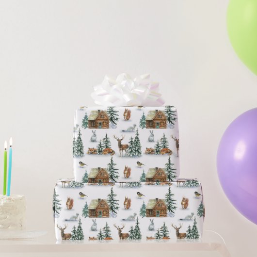 Mooie winterdieren rond een roestrijke cabine cadeaupapier (Feestgeschenken)