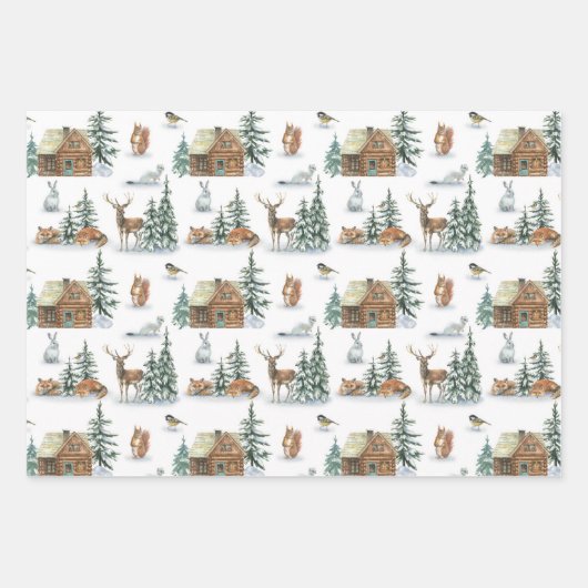 Mooie winterdieren rond een roestrijke cabine inpakpapier vel (Voorkant 3)