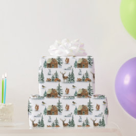 Mooie winterdieren rond een rustieke hut cadeaupapier