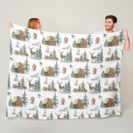 Mooie winterdieren rond een rustieke hut fleece deken