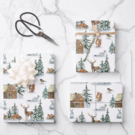 Mooie winterdieren rond een rustieke hut inpakpapier vel