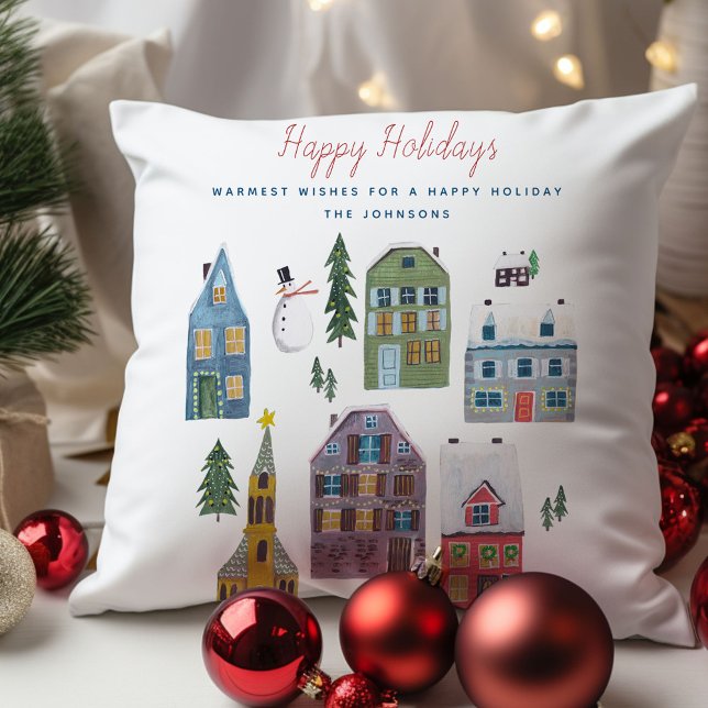 Mooie winterdorp huizen Kerstvakantie  Kussen (Cute Winter House Village Scene Christmas Throw Pillow)