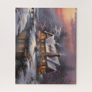 Mooie winterwoning bij zonsondergang legpuzzel
