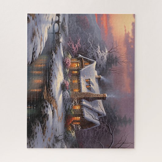 Mooie winterwoning bij zonsondergang legpuzzel (Verticaal)