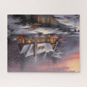 Mooie winterwoning bij zonsondergang legpuzzel (Horizontaal)