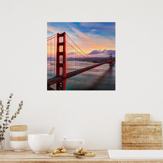 Mooie winterzonsondergang bij Golden Gate Bridge Poster (Keuken)
