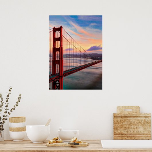Mooie winterzonsondergang bij Golden Gate Bridge Poster (Keuken)