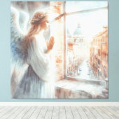 Mooie witte aura engelachtige figuur in gebed canvas afdruk (Insitu (Houten vloer))