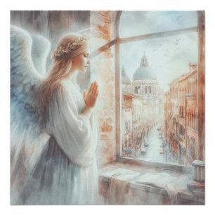 Mooie witte aura engelachtige figuur in gebed perfect poster