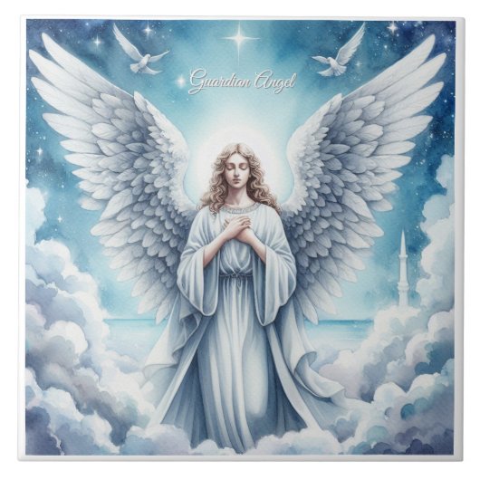 Mooie witte beschermengel tegeltje (Voorkant)