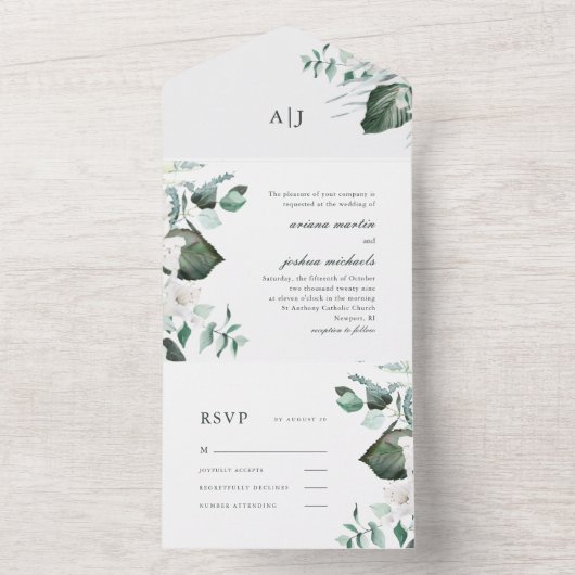 Mooie Witte Bloem- en Groenhuwelijk All In One Uitnodiging (Binnen)
