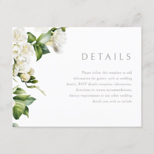 Mooie witte bloemen bruiloft details informatiekaartje