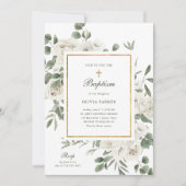 Mooie witte bloemen en goud | doop kaart (Voorkant)