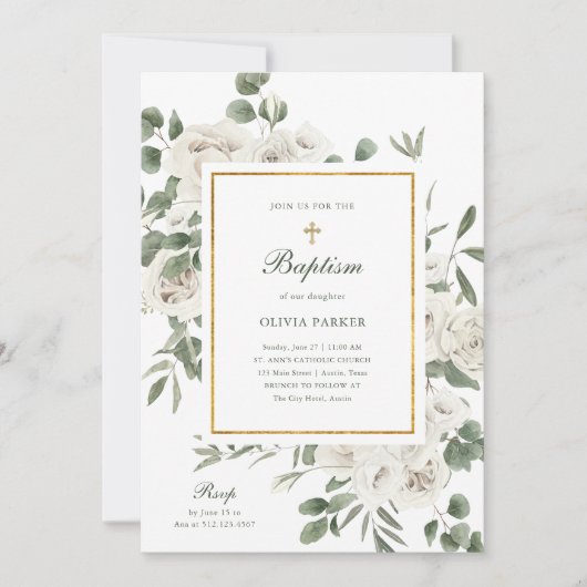 Mooie witte bloemen en goud | doop kaart (Voorkant)