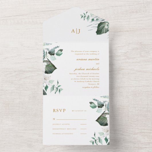 Mooie witte bloemen en groen bruiloft all in one uitnodiging (Binnen)