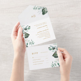 Mooie witte bloemen en groen bruiloft all in one uitnodiging