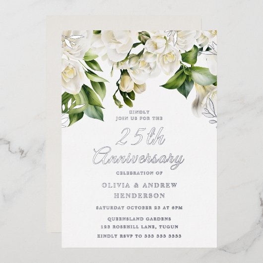 Mooie witte bloemen en zilver 25e Jubileum Folie Uitnodiging (Voorkant / Achterkant)