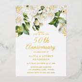 Mooie Witte Bloemen & Gold 50e Jubileum Folie Uitnodiging (Voorkant)