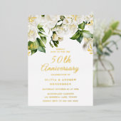 Mooie Witte Bloemen & Gold 50e Jubileum Folie Uitnodiging (Staand Voorkant)