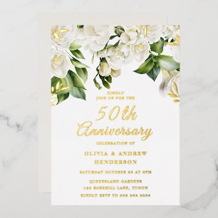 Mooie Witte Bloemen & Goud 50ste Verjaardag Folie Uitnodiging