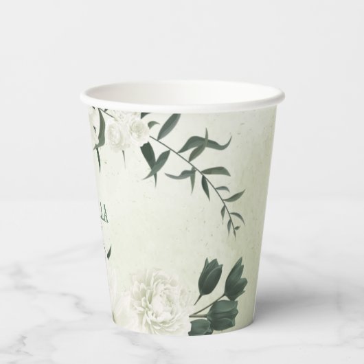 Mooie witte bloemen groene bladeren papieren bekers (Achterkant)
