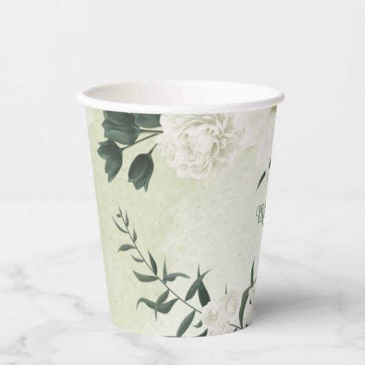 Mooie witte bloemen groene bladeren papieren bekers (Voorkant)