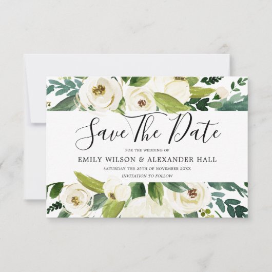 Mooie Witte Bloemen Groene Lente Bruiloft Save The Date (Voorkant)