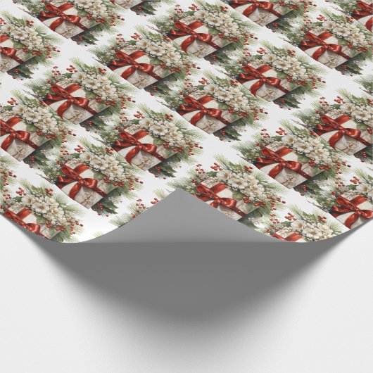 Mooie Witte Bloemen Hulst Rode Lint Cadeaudoos Cadeaupapier (Hoek)