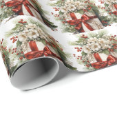 Mooie Witte Bloemen Hulst Rode Lint Cadeaudoos Cadeaupapier (Rol Hoek)