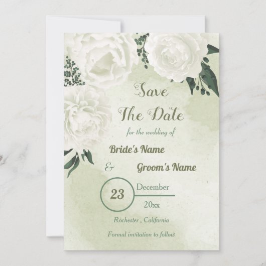 mooie witte bloemen met groene bladeren save the date (Voorkant)