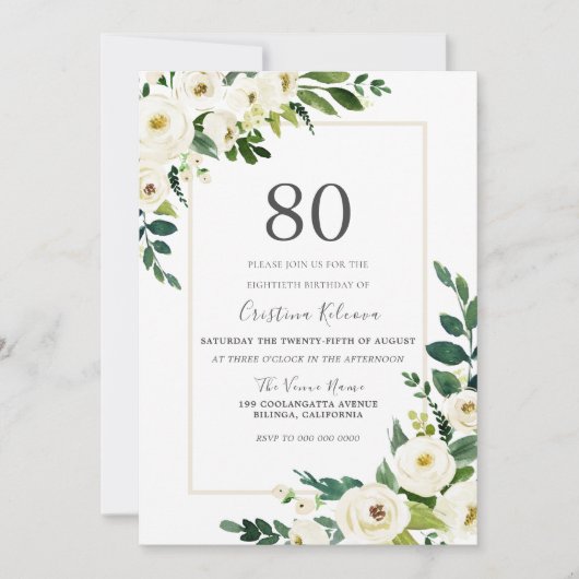 Mooie witte bloemen met Lijst 80ste verjaardag Kaart (Voorkant)