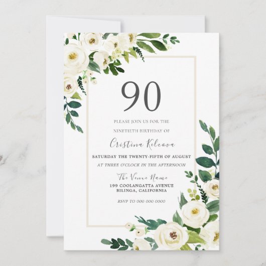 Mooie witte bloemen met Lijst 90e verjaardag Kaart (Voorkant)