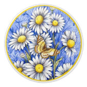 Mooie witte bloemen op blauwe achtergrond keramische knop (Voorkant)