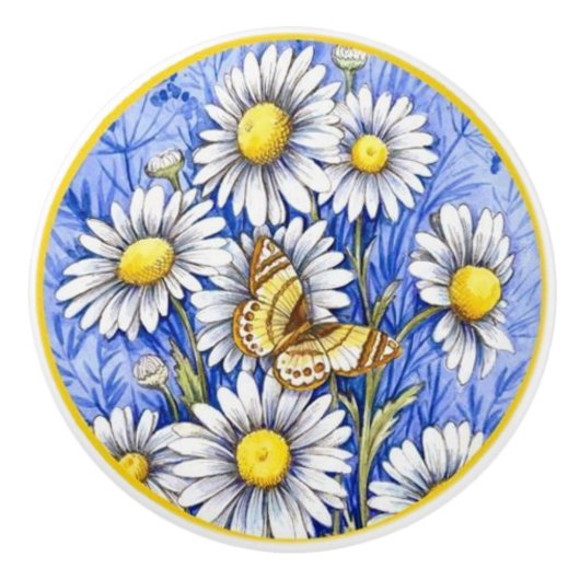 Mooie witte bloemen op blauwe achtergrond keramische knop (Voorkant)