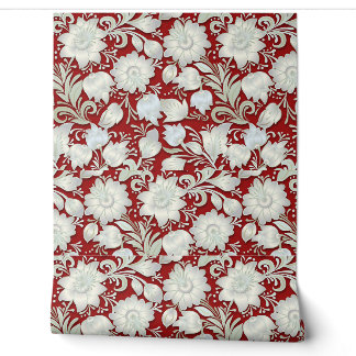Mooie witte bloemen Ornament op rode achtergrond Behang