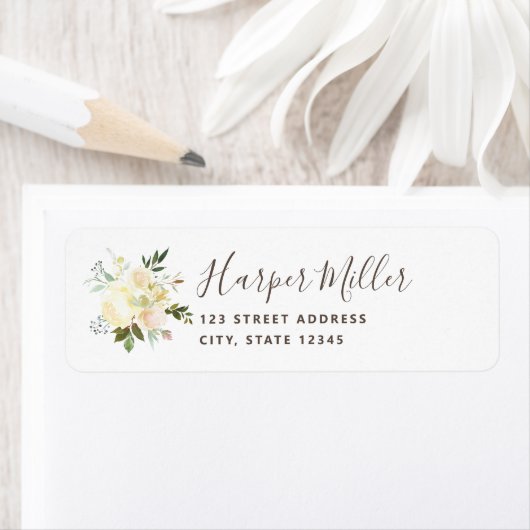 Mooie witte bloemen script retouradres etiket (Insitu)