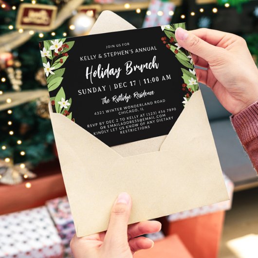 Mooie witte bloemige rode bessen vakantie brunch kaart