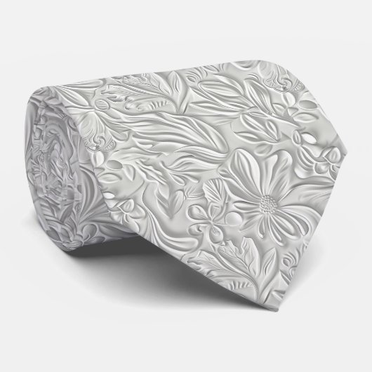Mooie Witte Bloemmotief Nep Leer Stropdas (Opgerold)