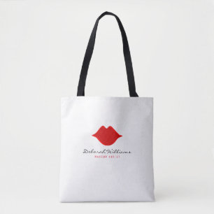mooie witte canvas tas met haar naam & rode lippen