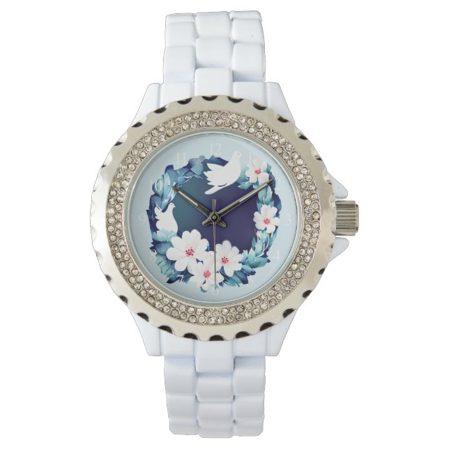 Mooie Witte Doves Floral Wreath Horloge (Voorkant)