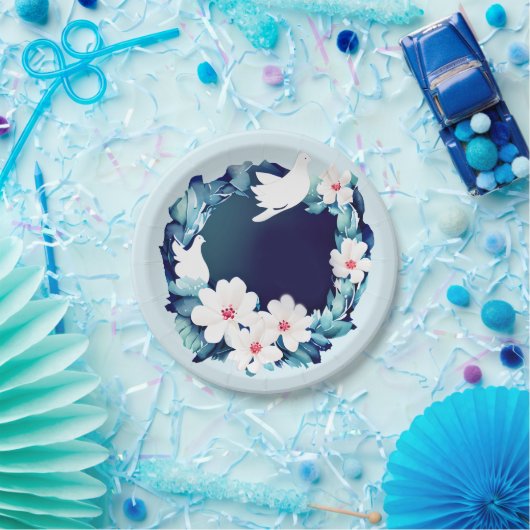 Mooie Witte Doves Floral Wreath Papieren Bordje (Feest)