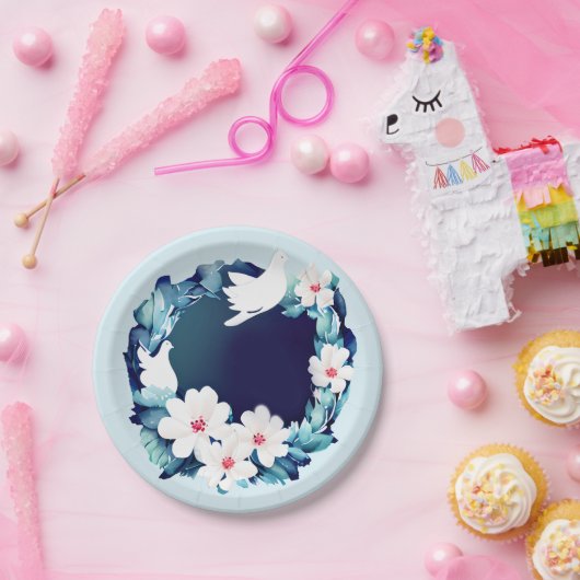 Mooie Witte Doves Floral Wreath Papieren Bordje (Feest)