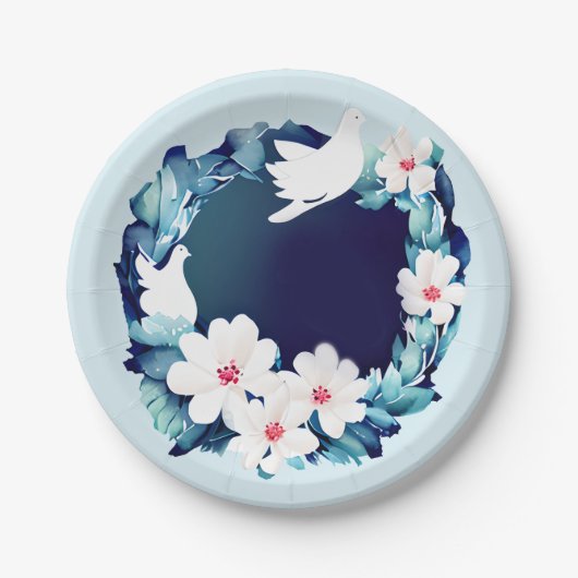 Mooie Witte Doves Floral Wreath Papieren Bordje (Voorkant)