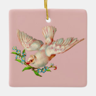 mooie witte duif met kraag in zijn mond keramisch ornament