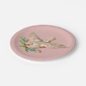 mooie witte duif met kraag in zijn mond papieren bordje (Gekanteld)