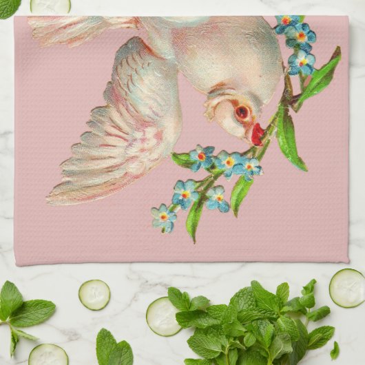 mooie witte duif met kraag in zijn mond theedoek (Gevouwen)